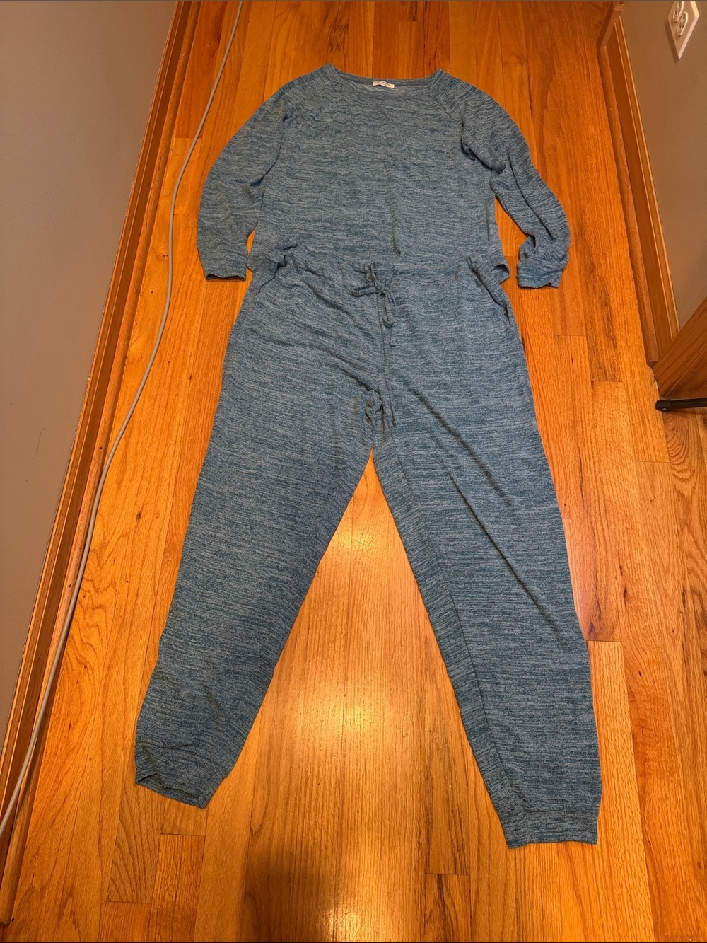 Ekouaer Women's L Cozy Heather Teal Blue Women's Knit 2 Piece Pajama Lounge Set